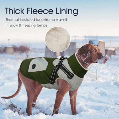 IECOii Dog Coat with Harness Built in - Green, Large - Waterproof Winter Coat, Fleece Lined Snow Jacket for Dogs - color: Army Green, size: Large(Chest:24.4 in)