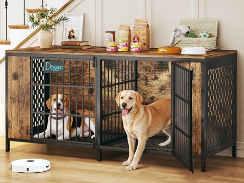 63" Large Double Dog Kennel Furniture for 2 Dogs – Extra Sturdy XXL Metal & Wooden Medium Dog Cage with Removable Divider, Dual Doors & Name Tags – Indoor/Outdoor Crate for Large Breeds - size: 63.0"L x 23.6"W x 32.3"H