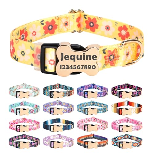 Personalized Custom Customized Silent No Jingle Dog Collar with Engraved ID Dog Name Phone Number/Dog Collars for Puppy X-Small Small Medium Large X-Large Boy Girl Dogs-Orange Flower-XS - color: 6 Orange Flower, size: X-Small (0.6" *7.8"-11.8")