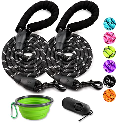 2 Pack Dog Leash 6 FT Heavy Duty - Comfortable Padded Handle - Reflective Dog Leash for Medium Large Dogs with Collapsible Pet Bowl - color: Set 4-Black+Black, size: 1/2"x 6 FT (18~120 lbs.)