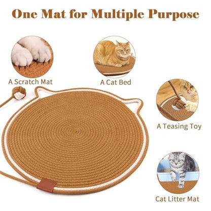 2-Pack Cat Scratching Mats, Natural Cotton Rope Scratch Pad with Ear Shape Hanging Hook and Play Ball, Furniture Protector for Wall, Floor, Sofa, Couch, Carpet, Brown