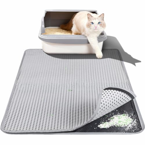 Large Cat Litter Box Mat for Cats, Double Layer Honeycomb Cat Litter Trapping Mats, Waterproof, Urine Proof,Non-Slip Litter Pad for Indoor Kitty Cat Litter Mat, Easy to Clean Grey (33.8'' x 23.6'') - size: 33.8'' x 23.6''