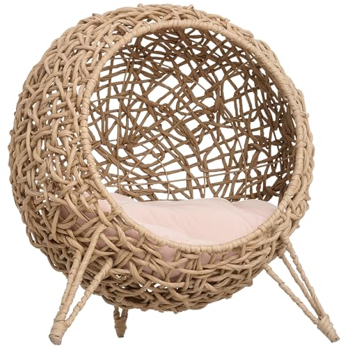 PawHut 20.5" Weaved Cat Bed, Elevated Hand-Woven Braided Banana Leaf Kitten House Condo with Cushion, Beige - color: Beige