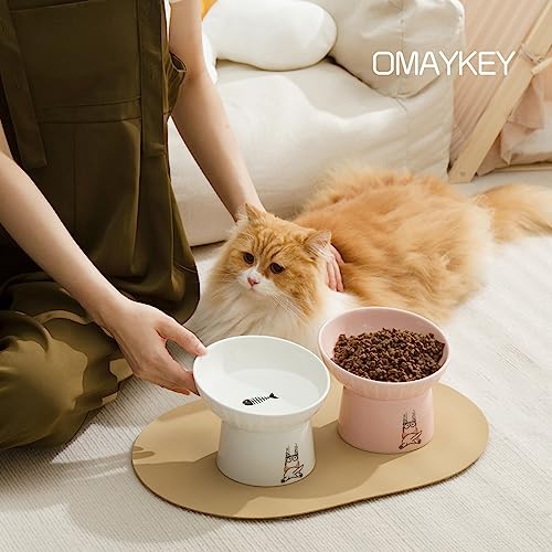 6.5 Inch Extra Wide Ceramic Raised Cat Bowls, Porcelain Tilted Elevated Cat Food Water Bowl Dish, Stress Free Pet Feeder Dishes for Cats & Small Dogs, Whisker Fatigue, White & Pink - color: White & Pink