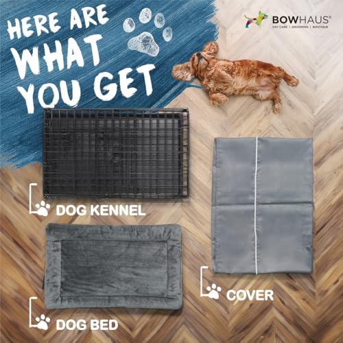 BOWHAUS 30-Inch Single Door Dog Crate Kit Includes Crate Cover and Soft Dog Bed, Indoor Dog Cage with Leak-Proof Pan, Foldable Wire Metal Dog Kennel for Small, Medium Dog - size: 18.5"L x 30.3"W x 18.5"H