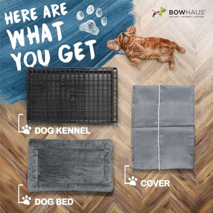 BOWHAUS 30-Inch Single Door Dog Crate Kit Includes Crate Cover and Soft Dog Bed, Indoor Dog Cage with Leak-Proof Pan, Foldable Wire Metal Dog Kennel for Small, Medium Dog - size: 18.5"L x 30.3"W x 18.5"H