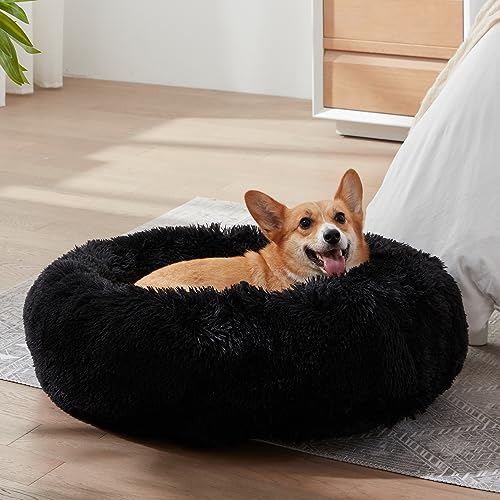 WESTERN HOME WH Calming Anti-Anxiety Donut Dog & Cat Bed, Warming Cozy Soft Round Cushion, Fluffy Faux Fur Plush Cuddler for Small Medium Dogs and Cats - color: Black, size: 27.0"L x 27.0"W x 8.0"Th