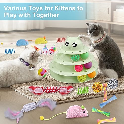 UPSKY 24 PCS Cat Toys, 3-Level Turntable Kitten Toys Set, Interactive Cat Roller Toys for Indoor Cats, Catnip Toys, Cat Teaser Toys, Mice Toys, Spring Toys, Various Ball Toys for Kitty - color: D-24PCS-Fruit Green
