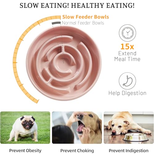 Ceramic Slow Feeder Dog Bowl,1.5 Cups Pet Slow Feeder for Small and Medium Breed,Puzzle Dog Food Dish,Anti-Gulping,Stop Bloat,Preventing Choking(Pink) - color: Pink