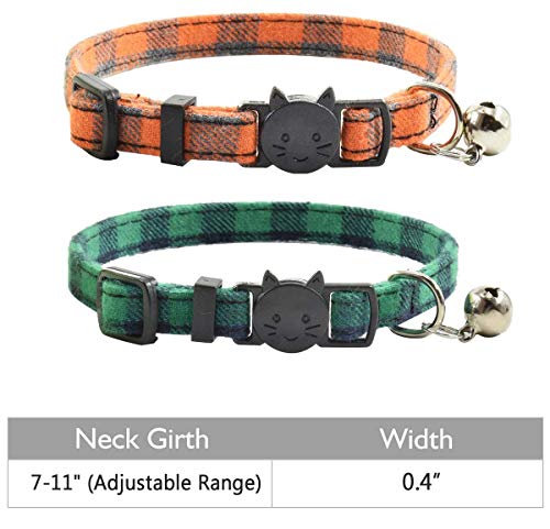 Cat Collar Breakaway with Bell, Cute Plaid Patterns Design Adjustable Kitty Safety Collars 2 Pack Pet Collar for Cats(7-11inches, Green+Orange) - color: Green+Orange