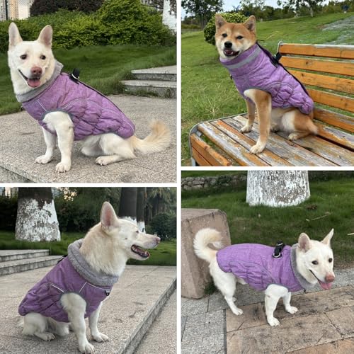 Dog Coat, Reflective Dog Jacket Waterproof Windproof Puppy Cold Weather Coats with Harness Built in, Winter Extra Warm Pet Coat Fleece Vest for Small Large Pets and Puppy (Purple, Medium)