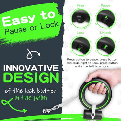 UFO Retractable Dog Leash Hands Free Wearable Dog Leash with Poop Bag Holder One-Handed Brake Pause Lock 360° Tangle Free 10ft for Up to 66lbs Medium Small Dogs (Black/Green) - color: Black/Green