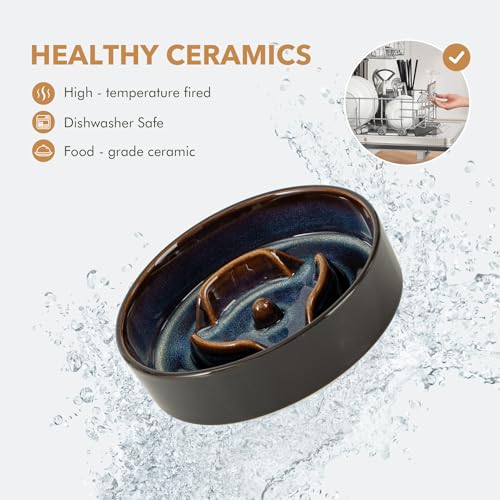 Havniva 0.9 Cup Elevated Slow Feeder Dog Bowls, 6.1” Dog Slow Feeding Bowls + 6.1” Ceramic Dog Water Bowls Set with Acacia Wood Stand, Dog Food Bowls Puzzle Feeder for Small Dogs Non-Slip Anti-choking - color: 2 x Starry Sky + Stand - A, size: S- 6.1inch