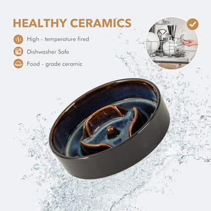 Havniva 0.9 Cup Elevated Slow Feeder Dog Bowls, 6.1” Dog Slow Feeding Bowls + 6.1” Ceramic Dog Water Bowls Set with Acacia Wood Stand, Dog Food Bowls Puzzle Feeder for Small Dogs Non-Slip Anti-choking - color: 2 x Starry Sky + Stand - A, size: S- 6.1inch