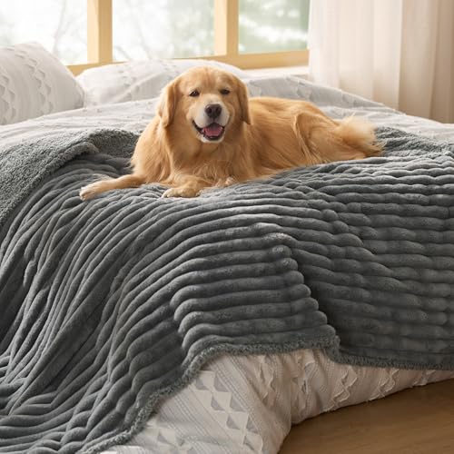 Bedsure ComfyFleece™ Waterproof Dog Blankets for Large Dogs - Soft Pet Cat Blanket Corduroy Fleece for Bed Protector Washable, Cozy Calming Reversible Furniture Protection,60"x80", Warm Grey - color: Warm Grey, size: Twin(60x80")-1pc
