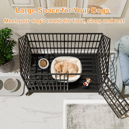 50 inch Heavy Duty Indestructible Dog Crate with 2 Bowls, Escape Proof Double Door Dog Kennel for Large Giant Dogs with Wheels and Trays, High Anxiety Extra Large Dog Cage Indoor Outdoor, XL XXL - size: 49.2"L x 29.7"W x 46.3"H