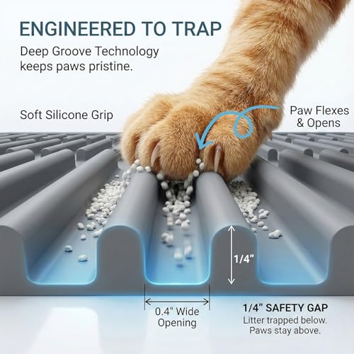 Large Cat Litter Mat: Silicone Litter Trapping Mat for Litter Box - Easy to Clean Waterproof & Anti-Slip Soft Rubber Mat - Durable Design Traps Pellet & Clay Litter - color: Grey, size: Large 32x21 Inch