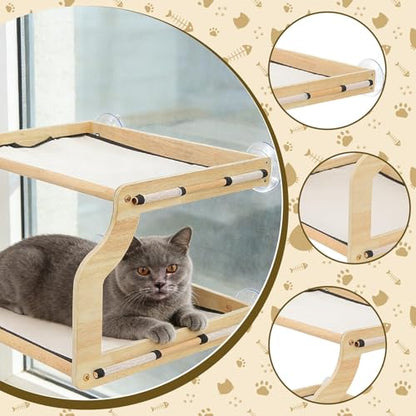 Cat Window Perch with Wooden Frame Breathable Practical Double Layered Strong Suction Cups Pet Bunk Bed for Balcony Household