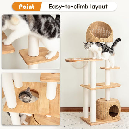 Wood Cat Tree for Large Cat, 60-Inch Tall Cat Tower with Scratching Post for Indoor Cats, Multi-Level Cat Condo with Hand-Woven Cat Bed and Acrylic Bowl Easy to Clean (Brown-81004S) - color: Nature 81004