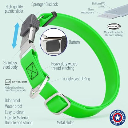 Biothane Waterproof Durable Dog Collar with Herm Sprenger - Quick Release ClicLock Buckle - Fits Medium and Large Dogs - Made in USA (Tropical Green, W 1" x L 15"-25") - color: Tropical Green, size: W 1" x L 15"-25"