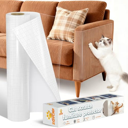 Extra Thick Clear Anti Cat Scratch Furniture Protector 17" x 197"：ZQVCNF Self-Adhesive Couch & Door Tape from Cat Claws - Covers Walls, Bed Corners | Stops Cat & Dog Scratching Damage
