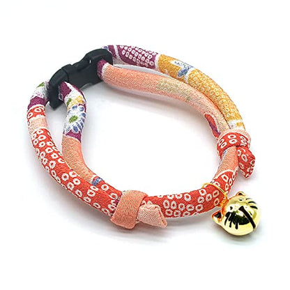 Cat Collar with Kitty Face Bell. Cute Japan Chirimen Kitten Collar. Soft & Lightweight. - color: Coral