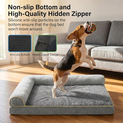 Orthopedic Medium Dog Bed 30 x 20Inch, L Shaped Memory Foam Pet Bed with Sides, Comfortable Dog Couch with Removable Washable Arctic Velvet Cover & Non-Slip Bottom, Gray - size: 29.5" L x 19.7" W x 5.9" H--With sides