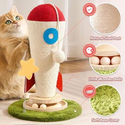 Cat Scratching Post, Rocket Cute Sisal Cat Scratcher with Durable Solid Wood Turntable Toy, Cat Scratch Post Red Cat Scratcher with Spinning Star Toy for Indoor Adult Cats - color: Red Rocket