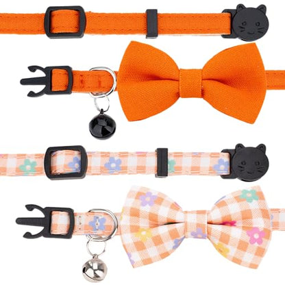 Cat Collar with Bow Tie Bell Breakaway Bowtie 2pcs Set Spring Plaid Flower Floral Solid Boy Girl Cute Kitten Safety B [Plaid & Solid] Orange - color: B [Plaid & Solid] Orange
