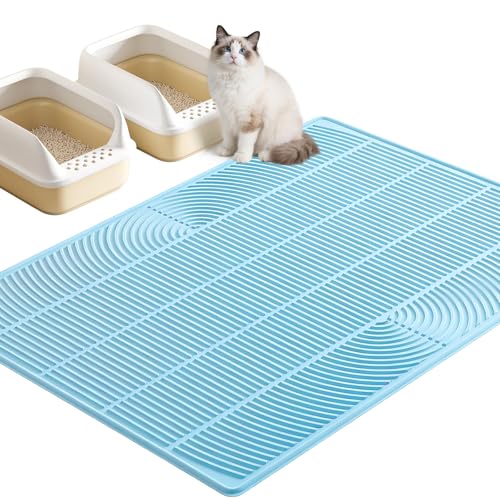 TRZZ XXL Extra Large Cat Litter Mat, Silicone Litter Box Mat for Floor, Waterproof & Non-Slip, Easy to Clean, Cat Litter Trapping Mat & Kitty Litter Catcher for Scatter Control (Blue) - color: Blue