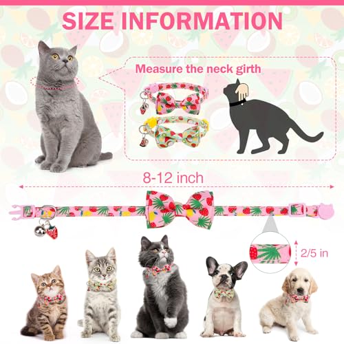 Cat Collar with Bell Bow Tie Fruit Breakaway Bowtie Cat Collar for Spring Summer, Adjustable Safety Kitten Collars with Removable Bowtie & Charm for Boys Girls Male Female Cats - color: Fruit Pink + Green