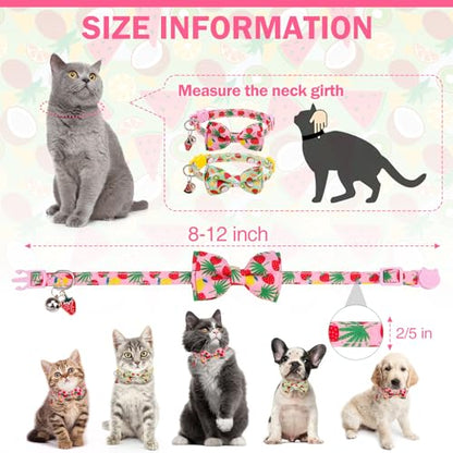 Cat Collar with Bell Bow Tie Fruit Breakaway Bowtie Cat Collar for Spring Summer, Adjustable Safety Kitten Collars with Removable Bowtie & Charm for Boys Girls Male Female Cats - color: Fruit Pink + Green