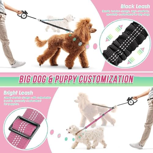 2 in 1 Double Dog Leash Coupler, 360° Swivel No Tangle Splitter, Reflective Shock Absorbing Bungee Lead with Adjustable Strap, Heavy Duty Walking Training Split Leash for Two Dogs