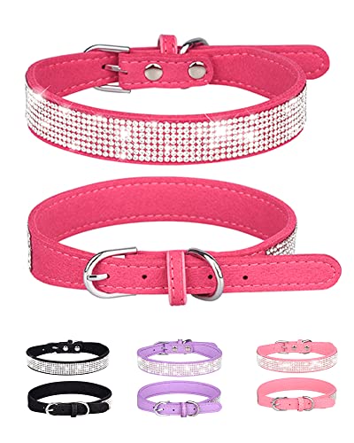 Dog Collar for Small Dogs, Adjustable Leather Suede Bling Dog Collars，Rose Red Dog Collar Cat Collar, Rhinestone Dog Collar (XS, Rose red) - color: rose red, size: XS
