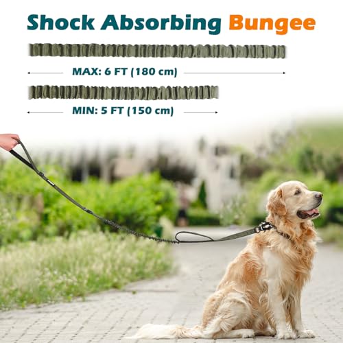 Heavy Duty Tactical Dog Leash, 5 FT Bungee Shock Absorption Leash with 2 Padded Handles, Quick Release Metal Clip, Car Seatbelt, No Pull Training Lead for Large Medium Dogs（Army Green） - color: Army Green
