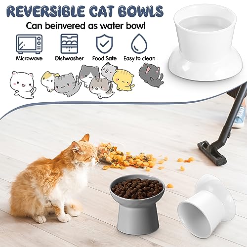 Tanlade 4 Pcs Ceramic Raised Cat Bowls, Elevated Tilted Cat Bowl for Food Water, Stress Free, Backflow Prevention, Dishwasher Microwave Safe, Feeder Dish for Indoor Kitten, Small Dogs(White and Grey) - color: White and Grey
