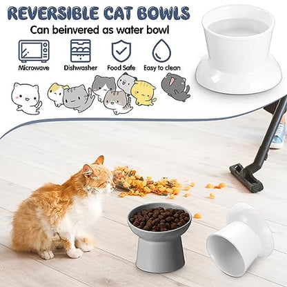 Tanlade 4 Pcs Ceramic Raised Cat Bowls, Elevated Tilted Cat Bowl for Food Water, Stress Free, Backflow Prevention, Dishwasher Microwave Safe, Feeder Dish for Indoor Kitten, Small Dogs(White and Grey) - color: White and Grey
