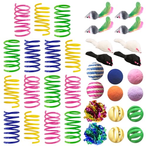 Cat Toys for Indoor Cats, 35 Packs Interactive Cat Toys Set with Colorful Springs, Mouse Cat Toy, Crinkle, Sisal, Pompom and Color Bell Balls for Kittens - color: Multicolor, size: 35 Packs