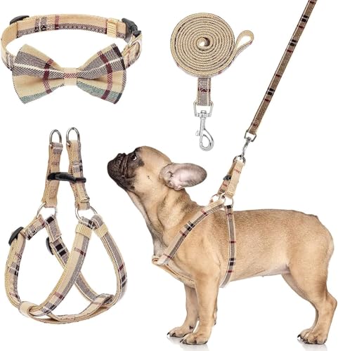 BINGPET Dog Harness Collar Leash Set,Adjustable No Pull Escape Proof Small Dog Harness,Classic Plaid Puppy Harness and Leash Set for Small Medium Large Dogs Training Easy Walk Running(Beige,M) - color: Beige Plaid, size: M(Chest Girth:17.3''-23.38'')