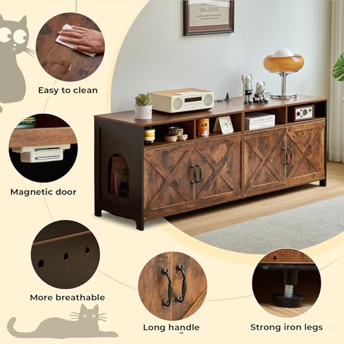 Double Cat Litter Box Enclosure for 2 Cats, 63" Hidden Litter Box Furniture with Outlet Power, Farmhouse Large Litter Box Cabinet TV Stand, 63 x 17.7 x 23.6 in, Black Brown