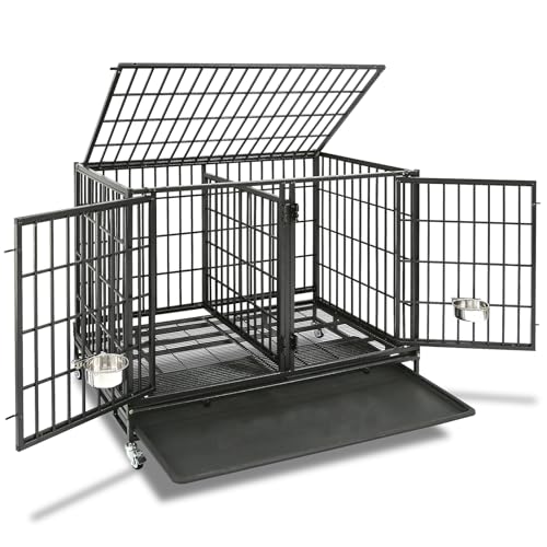 Homey Pet Stackable 43 inch Dog Crate Cage Kennel Indoor with Divider, 2X Steel Bowls, 4X Lockable Wheels, Tray, Heavy Duty Wire Dog Crates for Large/Medium/Small Dogs (Tall Model) - size: 42.5"L - Tall