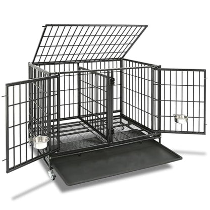 Homey Pet Stackable 43 inch Dog Crate Cage Kennel Indoor with Divider, 2X Steel Bowls, 4X Lockable Wheels, Tray, Heavy Duty Wire Dog Crates for Large/Medium/Small Dogs (Tall Model) - size: 42.5"L - Tall
