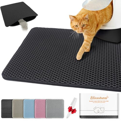 Waterproof Cat Litter Mat, Double Layer EVA, Odor-Free Large Grid, Urine Proof, Easy Cleanup (Black, 24 x 35) - color: Black