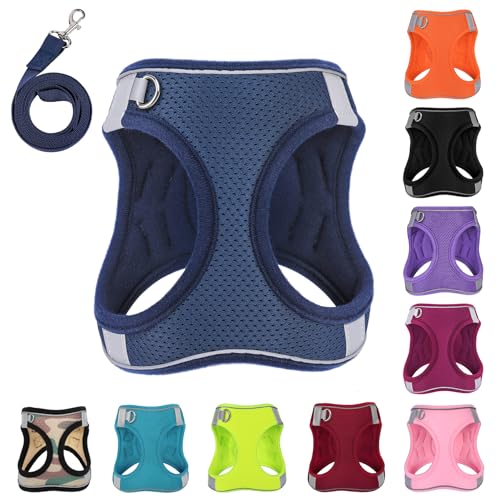 Dog Harness with Leash Set, No-Pull Step-in Reflective Pet Harness with 1 Leash Clips, Adjustable Soft Padded Easy Walk Dog Vest for Small Medium Large Dogs, Cats(Dark Blue, Small) - color: Blue, size: S(Chest:14.5"-15")