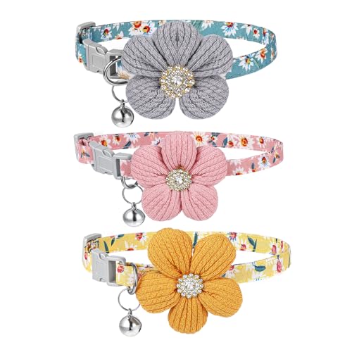 TIESOME 3Pack Small Dog Collar with Flower, Cute Puppy Collars Dog Collars for Small Dogs with Bell for Female Puppy (Peach, Yellow, Peacock Blue)
