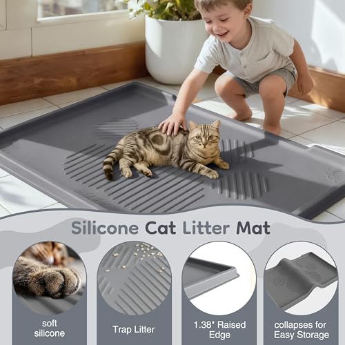 ISSEVE Cat Litter Mat 40" x 28" XL, Extra Large Silicone Mat for Litter Box, 1.38" Raised Edge Urine Proof Litter Trapping Mat Pad for Scatter Control, Soft on Kitty Paws, Protect Floor (Dark Grey) - color: Dark Grey