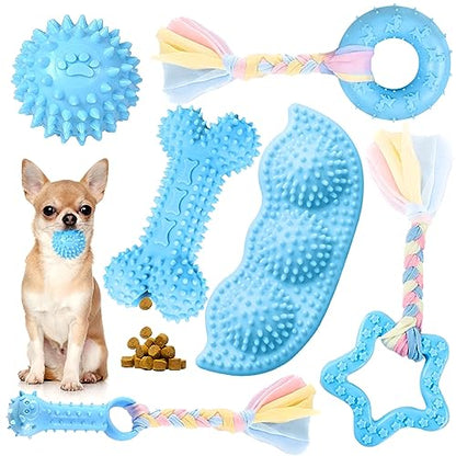 Petcare 6 Pack Puppy Chew Toys - Blue, Soft Rubber Rope & Bone Ball Teething Toys for Small Dogs & Puppies, Including Yorkie - color: Blue
