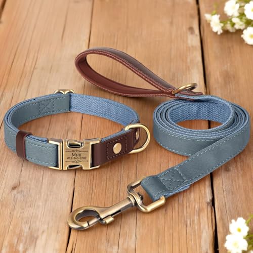 Personalized Dog Collars, Custom PU Leather Dog Collar with Name&Phone Number, Engraved Dog Collar for Medium Dogs, Adjustable Durable Collar with Quick Release Metal Buckle, Denim Blue,M - color: Denim Blue, size: M: Neck 14-19", Width 0.8"