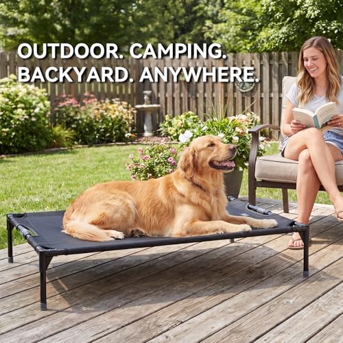 Petsfit Elevated Dog Bed for Large Dogs – Patented Anti-Sag Tension Bar, Cooling Raised Dog Cot for Outdoor/Camping/Indoor, Teslin Mesh, Non-Slip Frame, 48" - size: L-48"