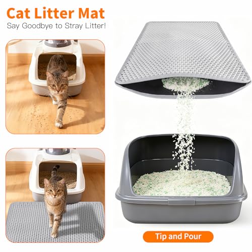 Cat Litter Mat for Large Cats, Double Layer Honeycomb Cat Litter Trapping Mat, Waterproof Urine Proof Non-Slip Kitty Litter Mats for Indoor Kitty Litter Box, Easy to Clean Grey (46.45“ x 26") - size: 46.5"L x 26"W